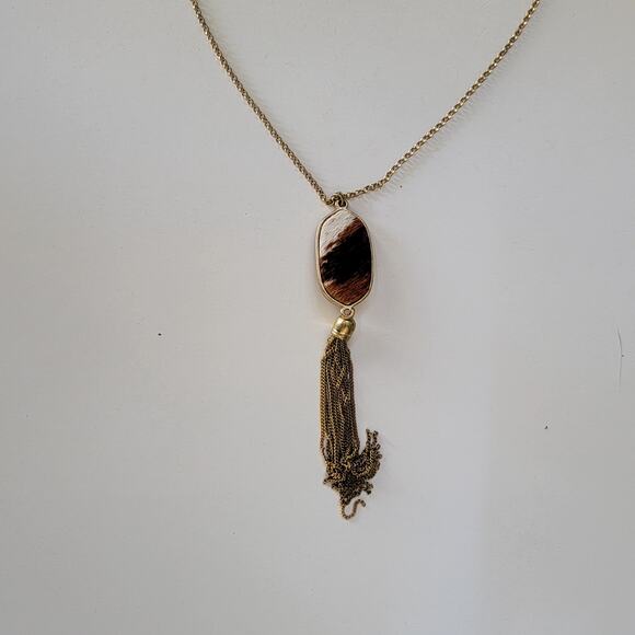 Vintage Long Gold Chain Necklace with Brown White Oval Pendant and Tassel Accent - Picture 3 of 10